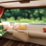 An image showcasing a camper interior with an open window, surrounded by vibrant green trees and fresh flowers, while a clean, odor-free breeze gently wafts through, eliminating any trace of sewer smell