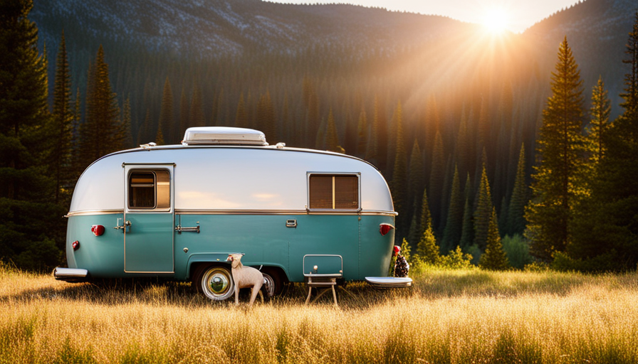 An image showcasing a gleaming vintage camper, parked in a lush forest clearing with a backdrop of towering mountains