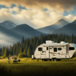 An image showcasing a camper parked in a picturesque campsite, surrounded by lush trees