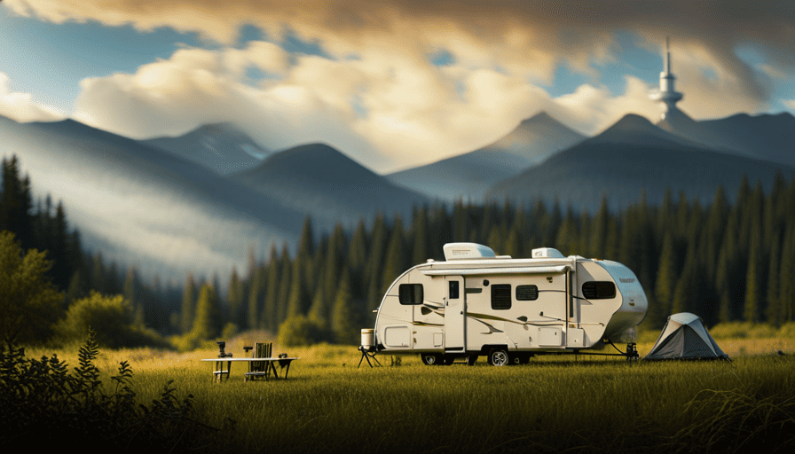 An image showcasing a camper parked in a picturesque campsite, surrounded by lush trees