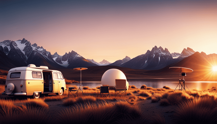 An image showcasing a scenic campsite with a modern camper van parked nearby