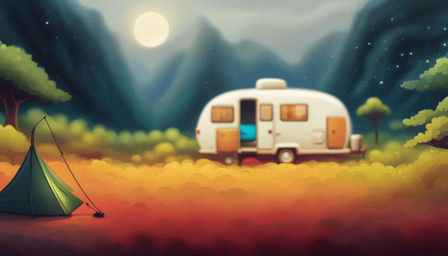 An image depicting a serene campsite surrounded by lush forests, with a camper van equipped with a high-tech WiFi antenna on its roof