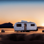 An image capturing a serene campsite scene with a camper parked on level ground, showcasing the precise placement of leveling blocks, chocks, and stabilizing jacks, complemented by the surrounding landscape and a clear blue sky