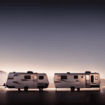 An image showcasing a camper parked on a level surface, with stabilizer jacks fully extended at each corner