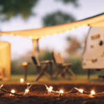 An image showcasing a camper awning adorned with twinkling string lights