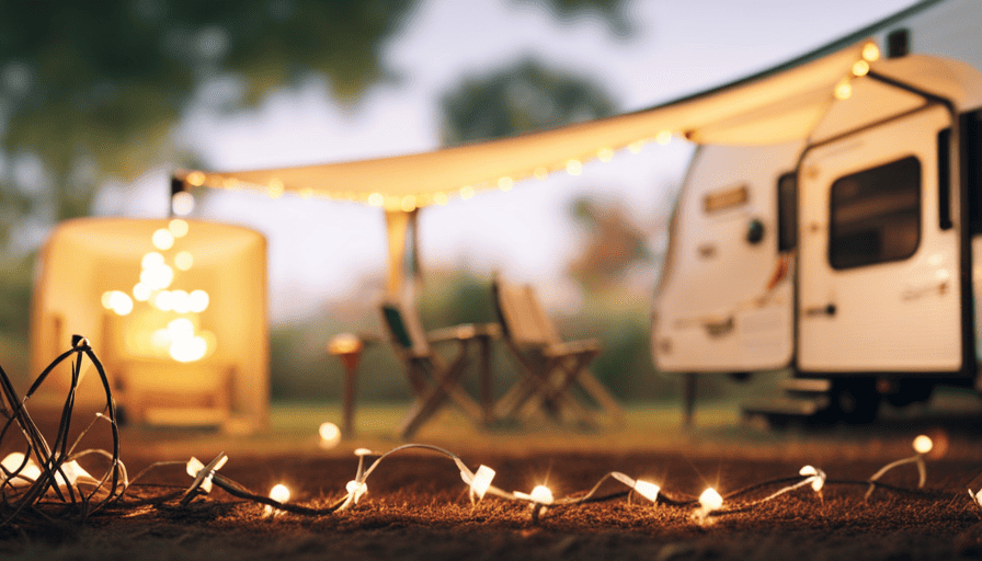 An image showcasing a camper awning adorned with twinkling string lights