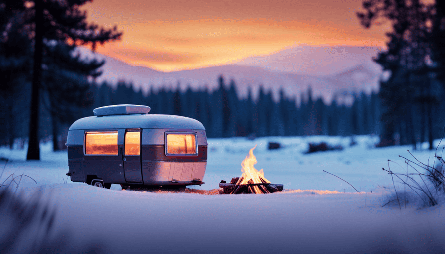 An image featuring a cozy camper nestled amidst a snowy forest landscape