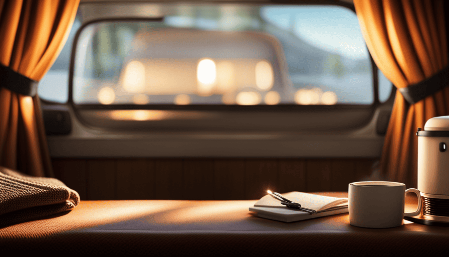 An image showcasing a cozy camper interior with an electric heater mounted on the wall, emitting gentle warmth and casting a soft glow