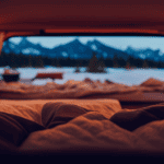 An image capturing the cozy interior of a camper, illuminated by a crackling wood stove, with warm orange hues dancing on the wooden walls, while outside, snow-capped mountains peek through frosted windows