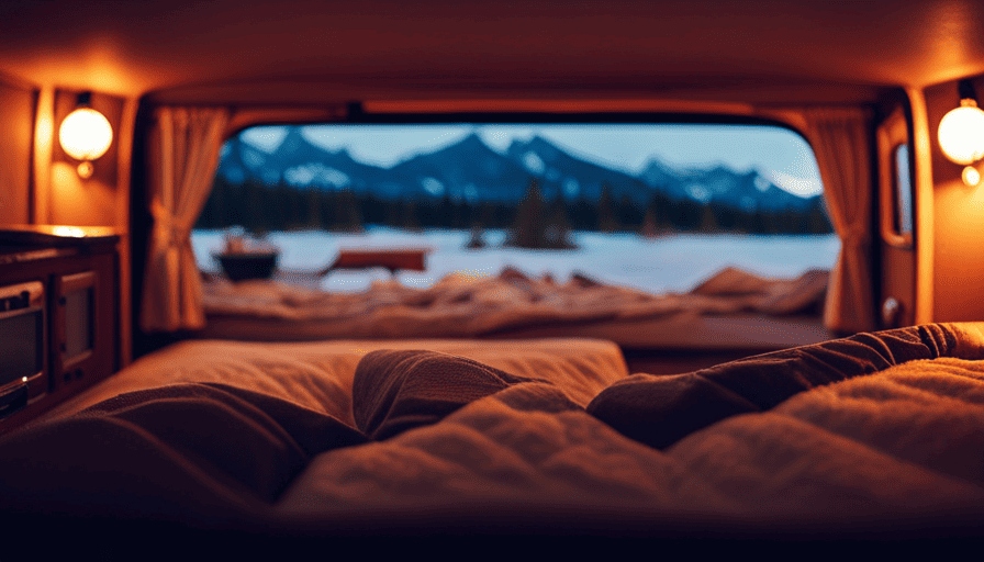 An image capturing the cozy interior of a camper, illuminated by a crackling wood stove, with warm orange hues dancing on the wooden walls, while outside, snow-capped mountains peek through frosted windows