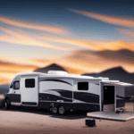 An image showcasing the step-by-step process of hitching a fifth wheel camper: a truck bed with a hitch, a lowered camper, the hitch locking into place, safety chains connected, and a successful hookup ready for adventure