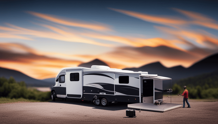 An image showcasing the step-by-step process of hitching a fifth wheel camper: a truck bed with a hitch, a lowered camper, the hitch locking into place, safety chains connected, and a successful hookup ready for adventure