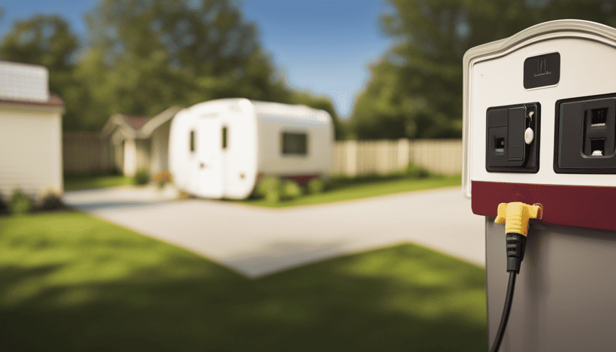 An image featuring a suburban driveway, bathed in warm sunlight, showcasing a step-by-step visual guide of connecting a camper to a house: extension cord plugged into an outdoor outlet, water hose connected, and stabilizing jacks engaged