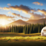An image showcasing a sunny campsite with a camper, displaying a step-by-step process of connecting solar panels