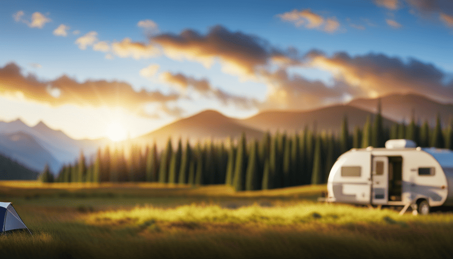 An image showcasing a sunny campsite with a camper, displaying a step-by-step process of connecting solar panels