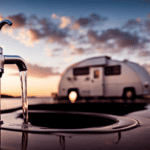 An image showcasing a close-up of a camper's water hookup process: a threaded white water hose securely attached to a silver faucet, with water flowing smoothly into a camper's water inlet valve