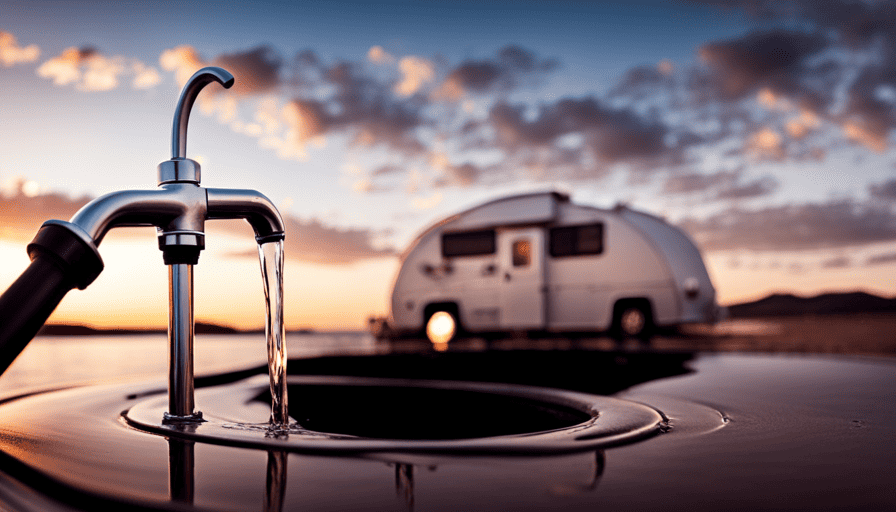 An image showcasing a close-up of a camper's water hookup process: a threaded white water hose securely attached to a silver faucet, with water flowing smoothly into a camper's water inlet valve