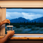 An image that showcases a close-up of a camper window being carefully sealed with weatherstripping, while thick thermal curtains are being drawn closed, blocking out any drafts and ensuring optimal insulation