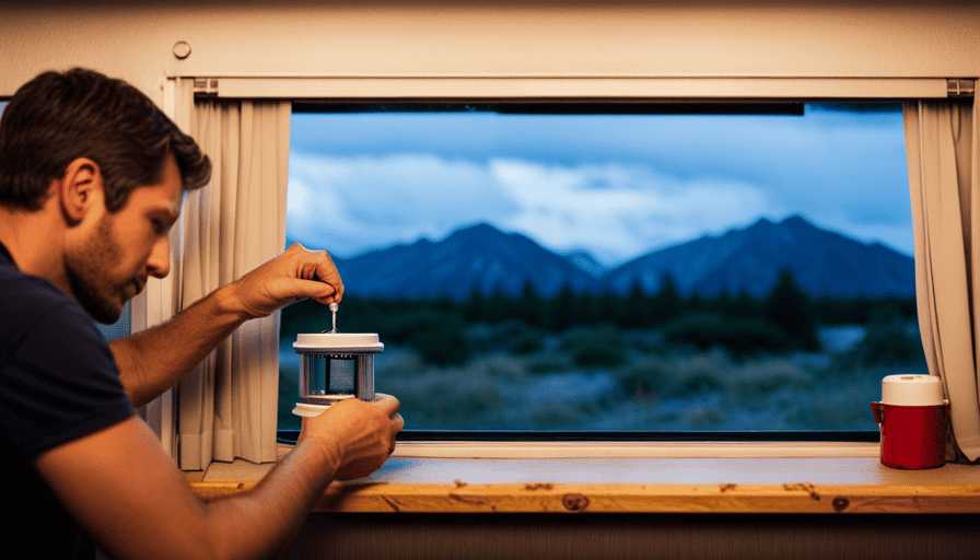 An image that showcases a close-up of a camper window being carefully sealed with weatherstripping, while thick thermal curtains are being drawn closed, blocking out any drafts and ensuring optimal insulation