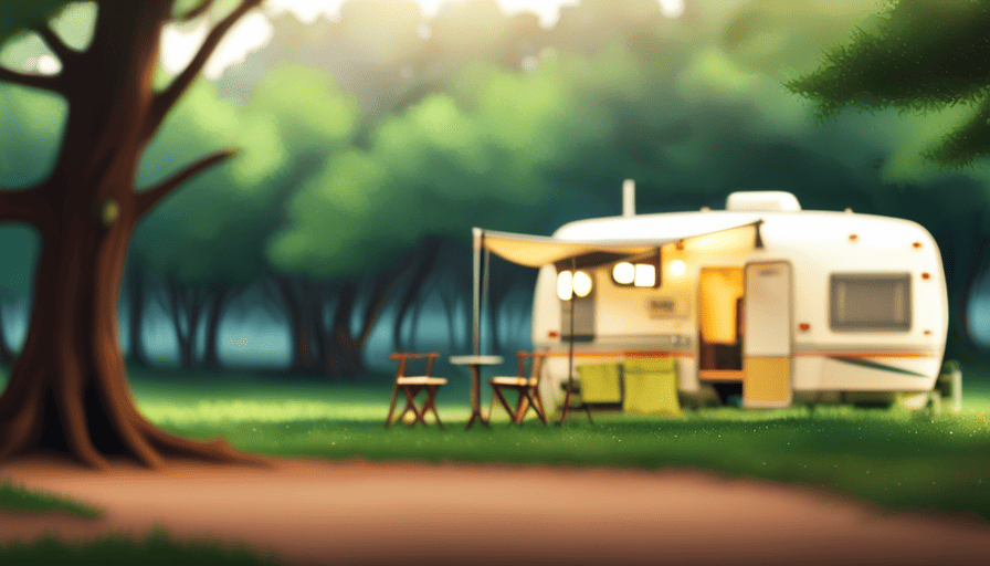 An image of a serene campsite surrounded by lush trees and a gentle breeze