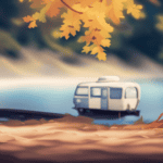 An image with a serene lake surrounded by tall, lush trees, casting cool shadows onto a camper