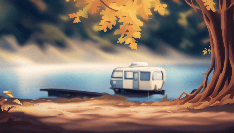 An image with a serene lake surrounded by tall, lush trees, casting cool shadows onto a camper