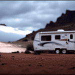 An image showcasing a sturdy camper parked on level ground, secured with sturdy stabilizer jacks