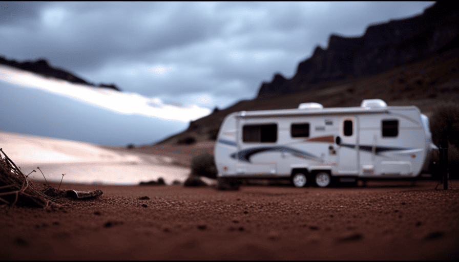 An image showcasing a sturdy camper parked on level ground, secured with sturdy stabilizer jacks