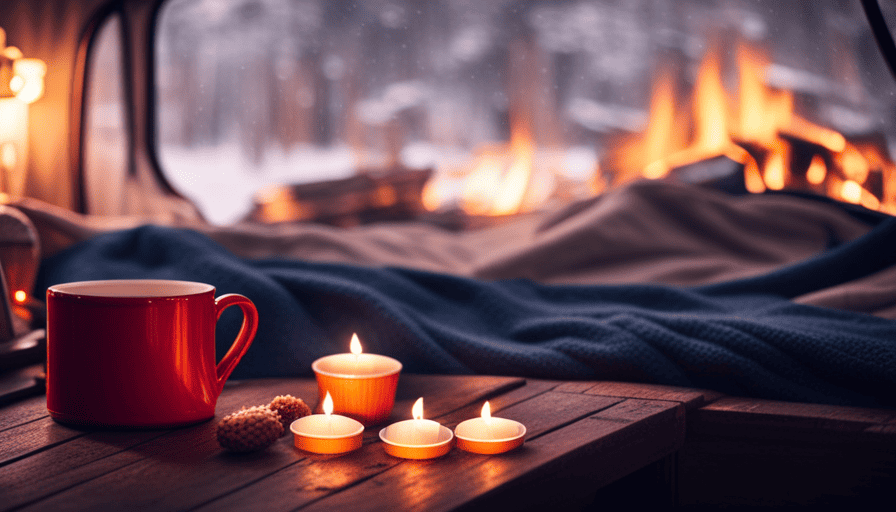 An image showcasing a cozy camper interior in winter: soft, thick blankets draped over a plush mattress, warm-toned LED lights casting a gentle glow, a crackling fireplace emitting comforting warmth, and steaming mugs of hot cocoa on a rustic wooden table