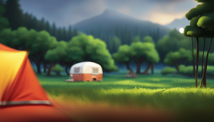 An image showcasing a serene campsite surrounded by lush trees, with a pop-up camper parked under a shade-giving canopy