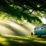 An image showcasing a camper parked under a lush, shaded tree, with soft rays of sunlight filtering through the leaves, casting a cool and refreshing ambiance