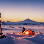 An image showcasing a winter scene with a camper surrounded by insulation, heat tape neatly wrapped around exposed pipes, and a portable heater nearby