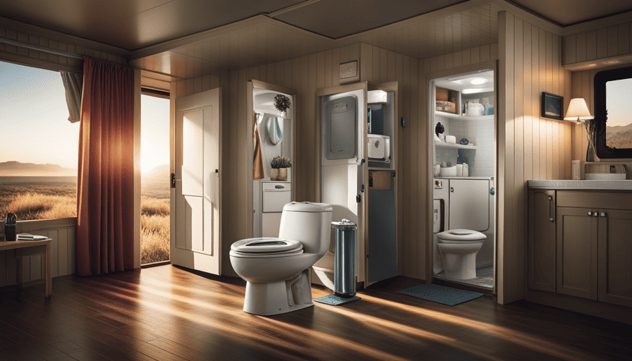 An image showcasing a camper toilet with a clean, fresh scent