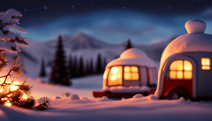 Camper nestles amidst a wintery wonderland, surrounded by towering snow-covered trees