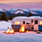 An image showcasing a camper's exterior with a winter scene backdrop