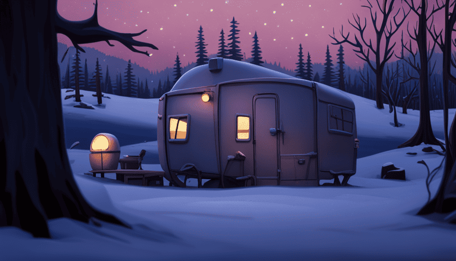 An image showcasing a cozy camper parked in a snow-covered forest at dusk