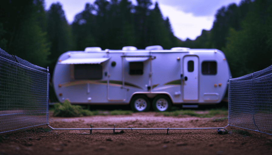 An image showcasing a tightly sealed camper trailer surrounded by a barrier made of wire mesh with small openings, positioned on a clean and elevated surface to deter mice