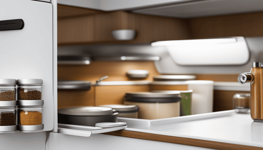 An image that showcases a compact spice rack neatly organized inside a camper's kitchenette