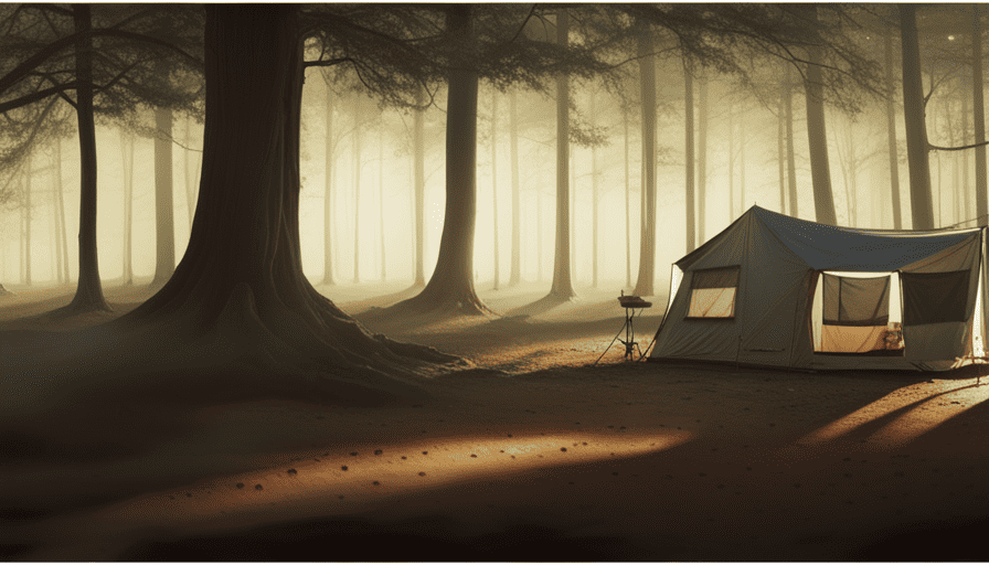 An image of a shaded campsite nestled in a serene forest, with a camper strategically parked under a tall tree, its windows covered with reflective sunshades and a gentle breeze rustling nearby