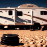 An image that showcases a camper parked on blocks, with a level placed on the ground beside it