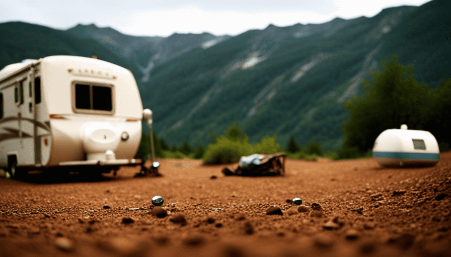 An image of a camper parked on uneven ground, with a level placed on the camper's floor