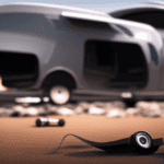 E an image capturing a camper parked on uneven ground, with a person using levelers to raise the low side