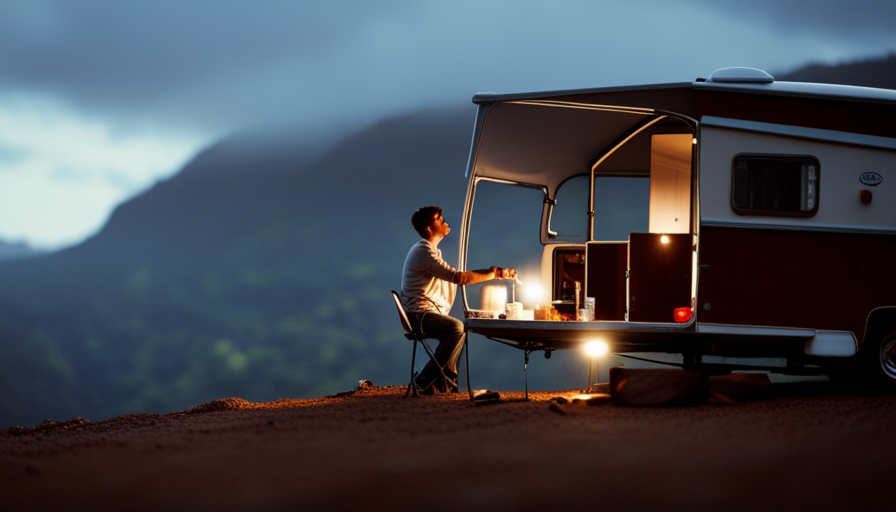 An image that showcases a camper parked on a sloping hillside, with a person using leveling blocks and a spirit level to meticulously adjust the camper's height