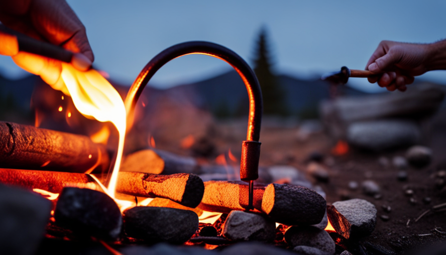 An image showcasing a camper furnace being properly lit: A close-up shot of a hand holding a long-stemmed match, bending down to ignite the burner inside a camper furnace