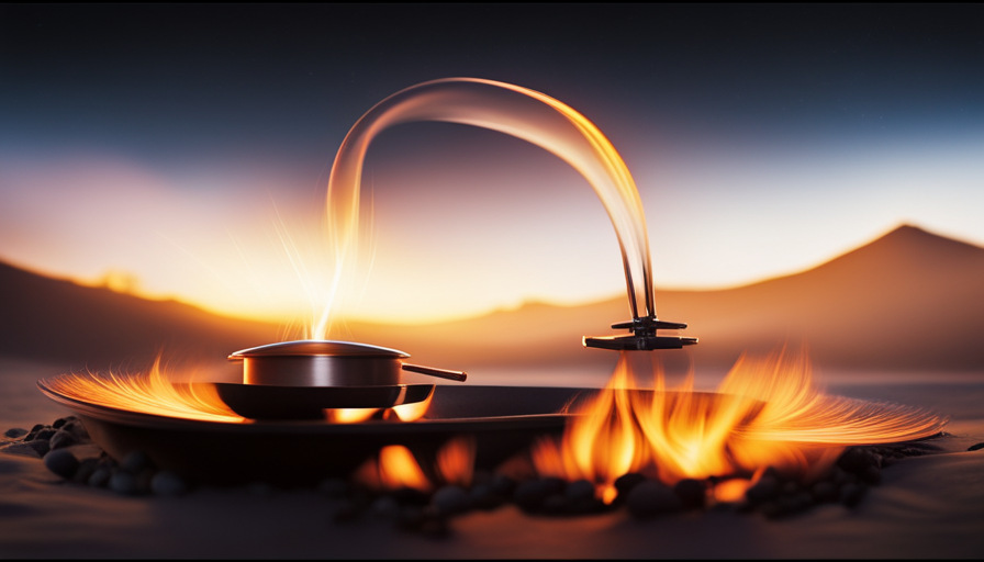 An image showcasing a close-up view of a camper stove being ignited, with a flickering blue flame dancing beneath a pot of simmering soup, highlighting the precise positioning of the flame and the control knobs