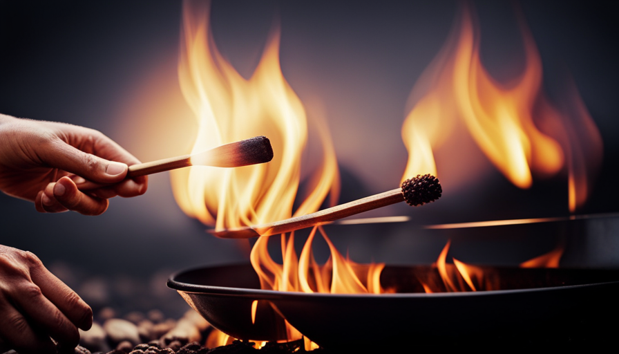 An image showcasing a camper oven being lit: A close-up shot of a hand holding a long match, gently touching its tip to the burner inside the oven