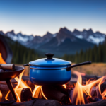An image capturing the close-up view of a camper stove in action: a flickering blue flame dances beneath a blackened pot, casting warm hues on a well-seasoned cast-iron skillet and a stack of chopped firewood nearby