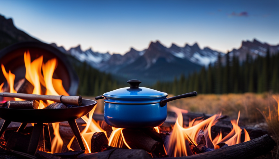 An image capturing the close-up view of a camper stove in action: a flickering blue flame dances beneath a blackened pot, casting warm hues on a well-seasoned cast-iron skillet and a stack of chopped firewood nearby