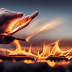 An image showcasing a camper's oven being ignited: a hand reaching towards the control knob, turning it clockwise, releasing a satisfying spark, as flames dance to life inside the oven cavity