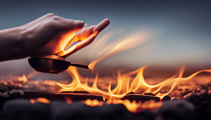 An image showcasing a camper's oven being ignited: a hand reaching towards the control knob, turning it clockwise, releasing a satisfying spark, as flames dance to life inside the oven cavity